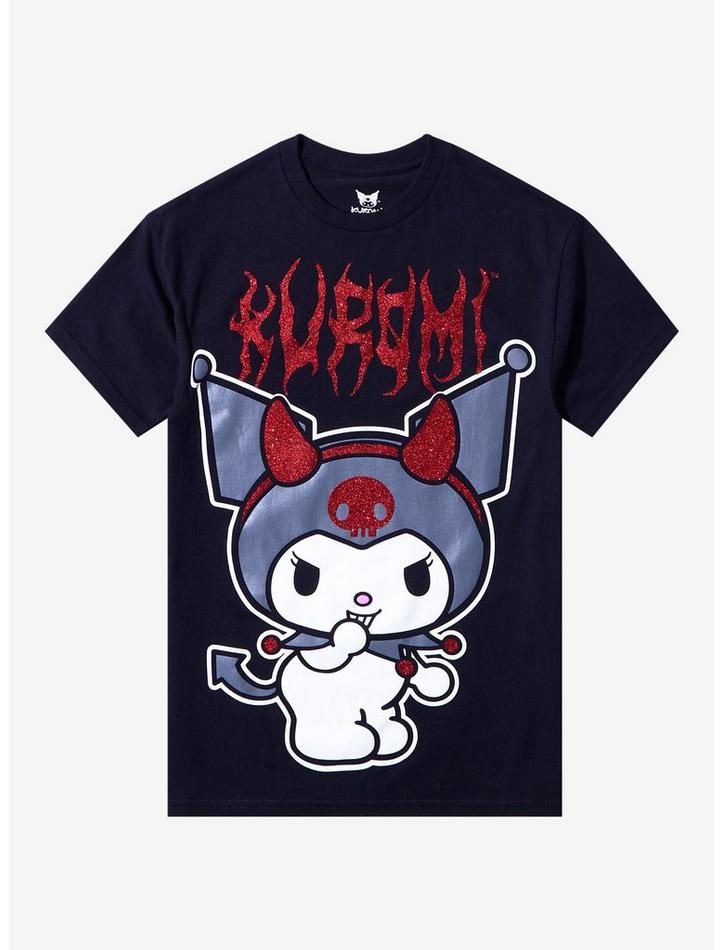Kuromi Devil Red Glitter Boyfriend Fit Girls Premium Tee, Classic Style T-Shirt