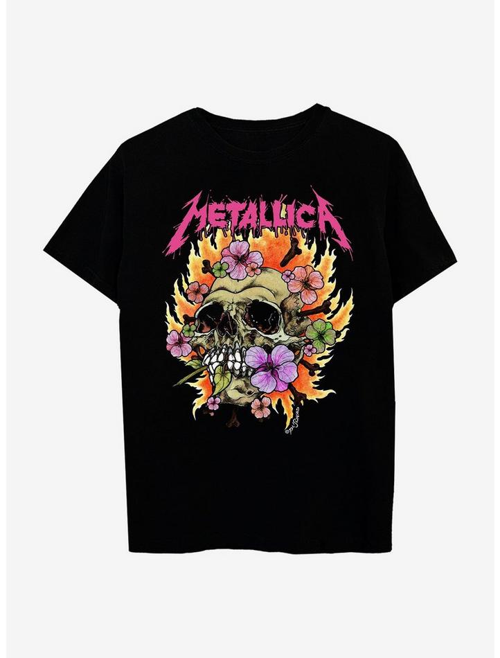 Metallica Floral Skull Boyfriend Fit Girls Premium Tee, Classic Style T-Shirt