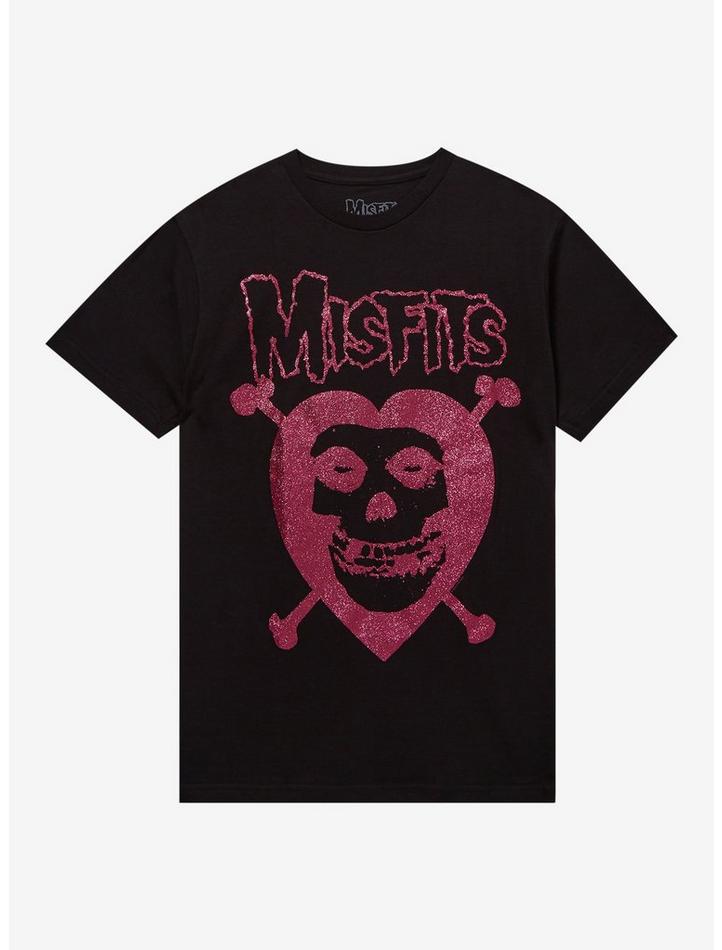 Misfits Fiend Skull Heart Glitter Boyfriend Fit Girls Premium Tee, Classic Style T-Shirt
