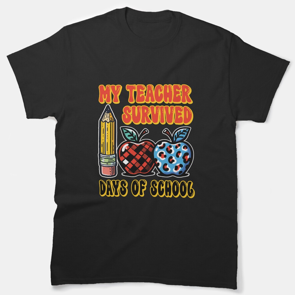 My Teacher Survived 100 Days Of School Groovy Two Apples Classic T-Shirt